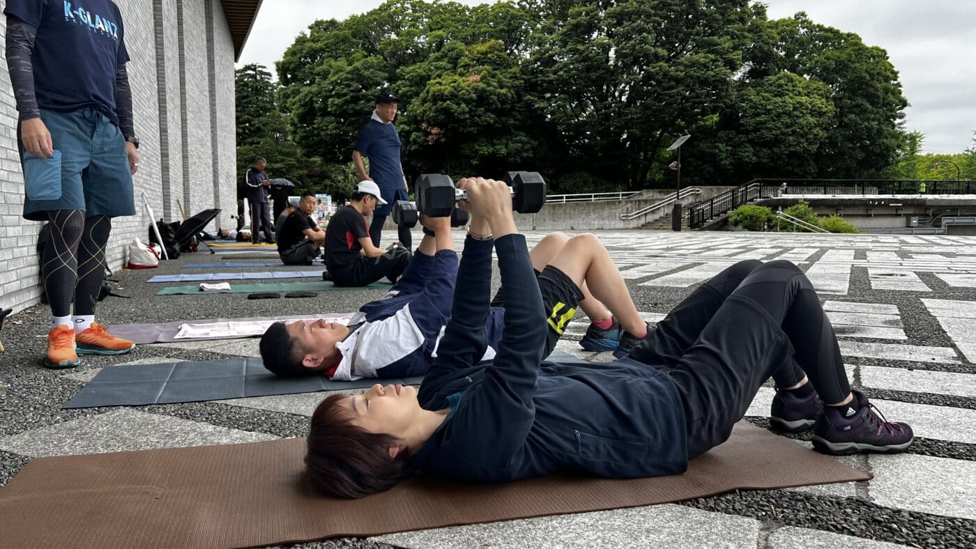 スキーオフトレワークショップ、筋力トレーニング、ダンベルトレーニング、胸トレーニング